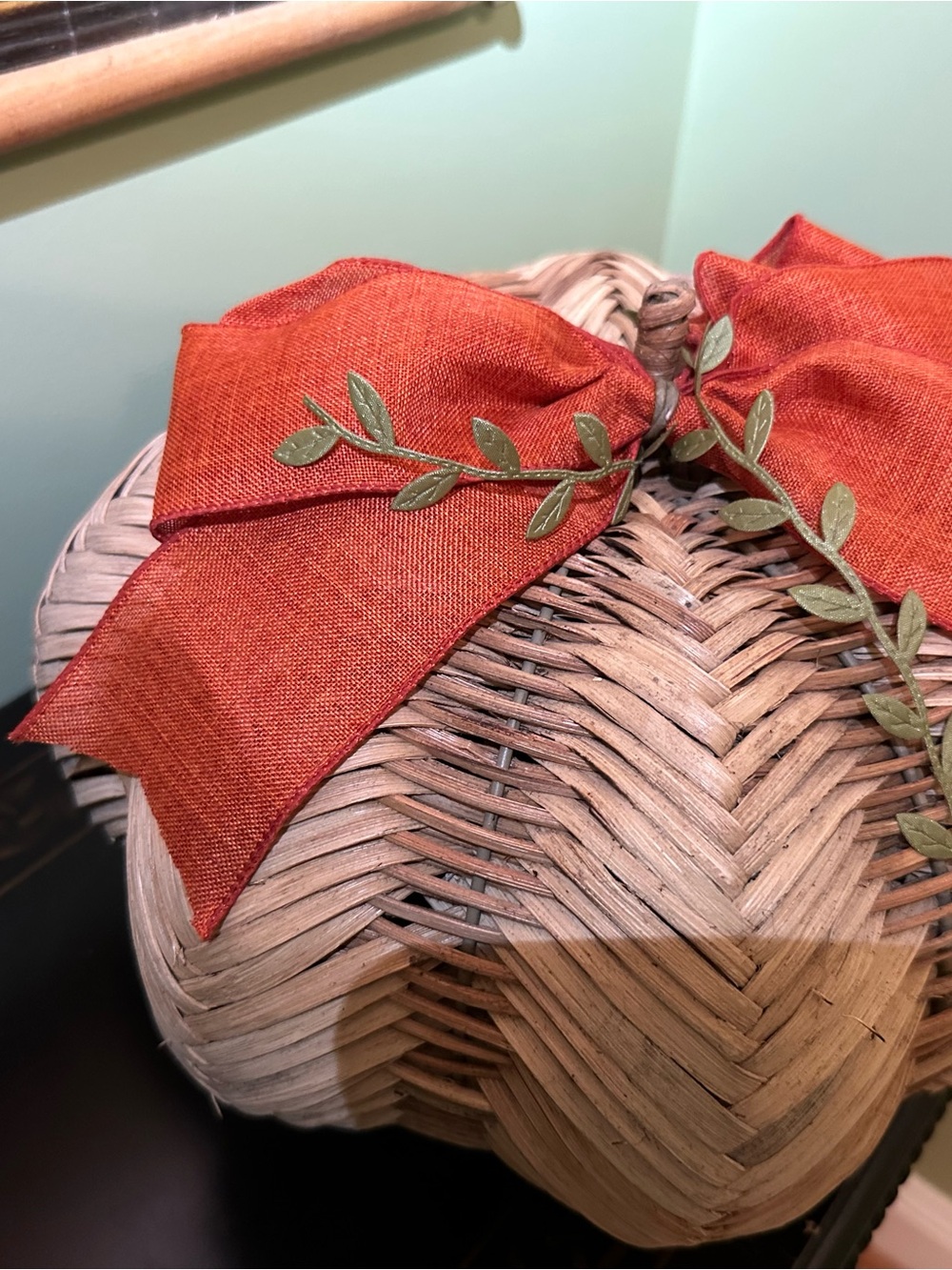 Large Woven  Decorative Pumpkin with Dark Orange Bow Accent 12 x 9